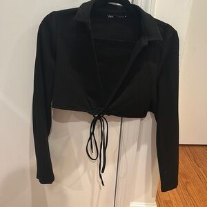 Zara long sleeve black cropped top with tie